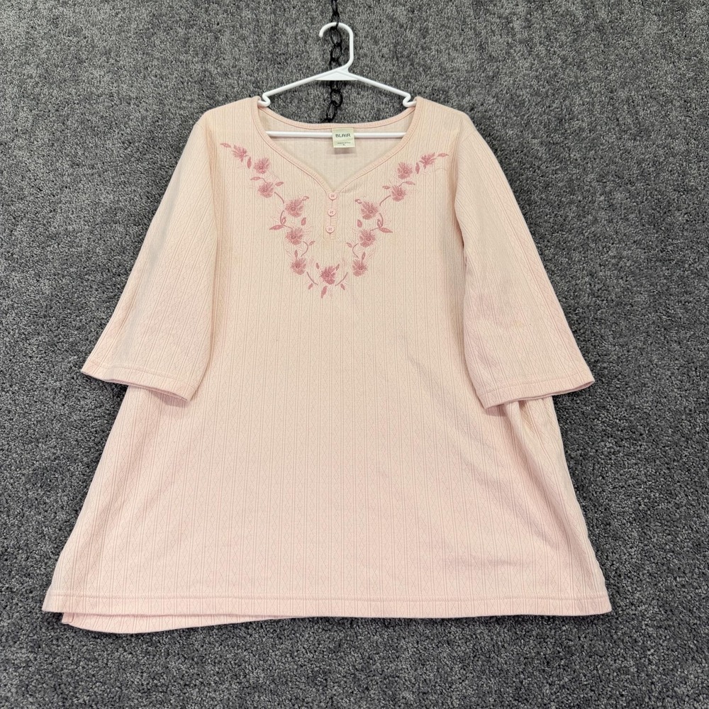 Blair Shirt Womens XL Pink Embroidered Henley 3/4 Sleeve Tunic Knit Casual Top